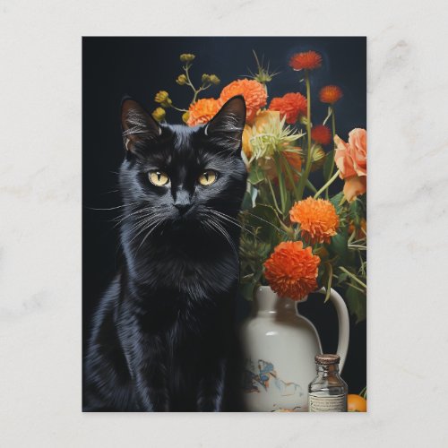 Black Cat Vintage Flower Still Life Painting Postcard