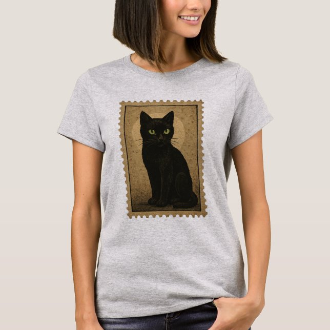 Black Cat – Vintage Halloween Stamp T-Shirt (Front)