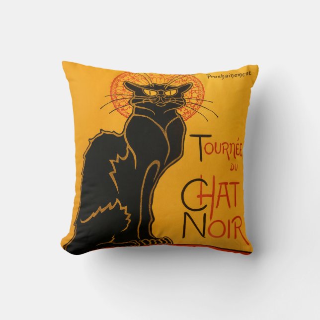 Black Cat Vintage Halloween Steinlen Poster Throw Pillow (Front)