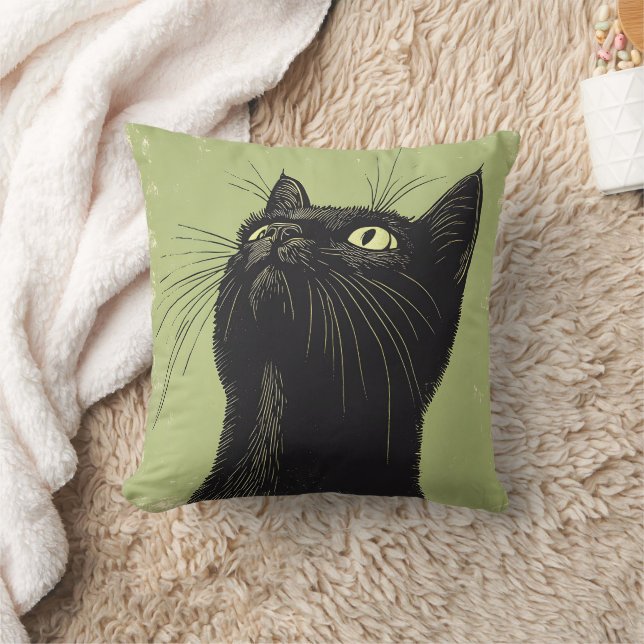 Black Cat Vintage Lino Print 16" Cushion (Blanket)