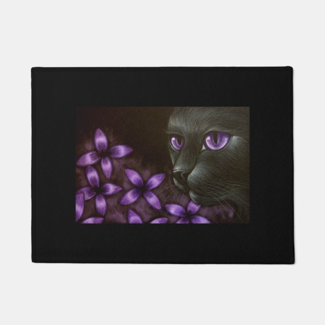 BLACK CAT VIOLET FLOWERS DOOR MAT (Front)