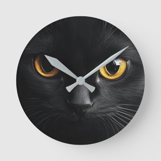 Black Cat Wall Clock with Striking Yellow Eyes - M (Front)