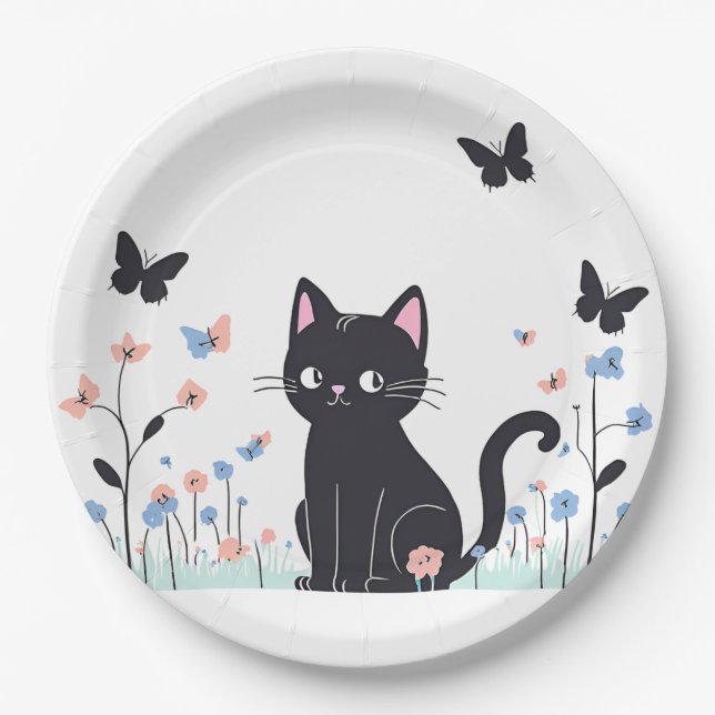 Black Cat Watching Butterflies Paper Plates (Front)