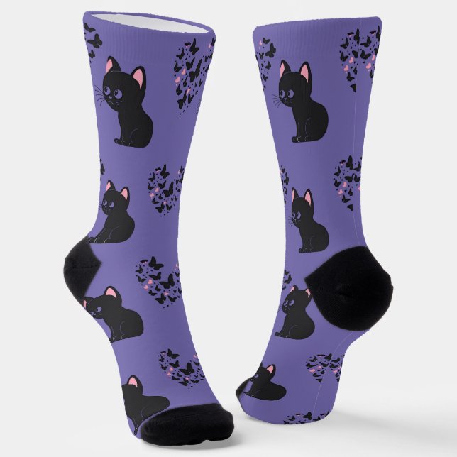 Black Cat Watching Butterflies Socks (Angled)