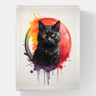 Black Cat Watercolor Splash Art Vibrant Orange Paperweight