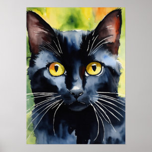 Black Cat Watercolor Wall Poster