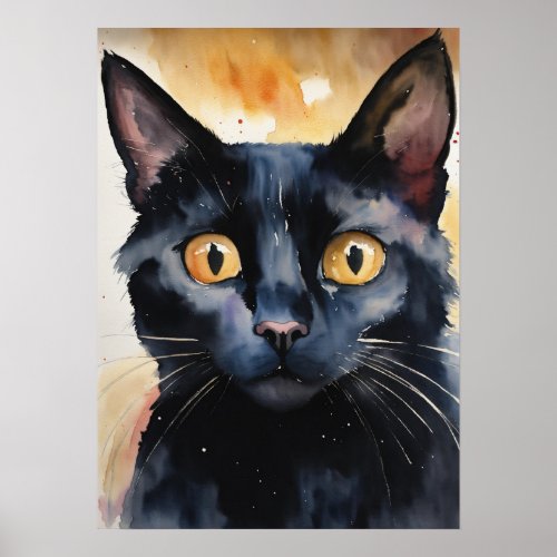 Black Cat Watercolor Wall Poster
