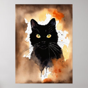 Black Cat Watercolor Wall Poster