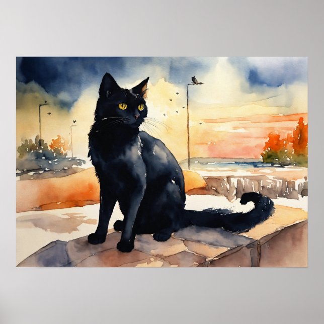 Black Cat Watercolor Wall Poster (Front)