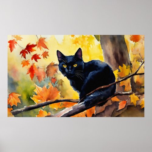 Black Cat Watercolor Wall Poster