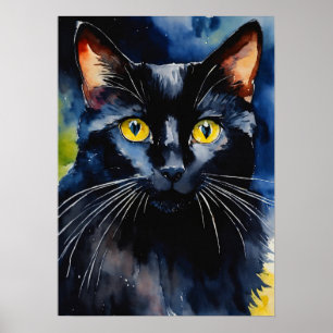 Black Cat Watercolor Wall Poster