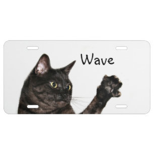 Black cat waves license plate