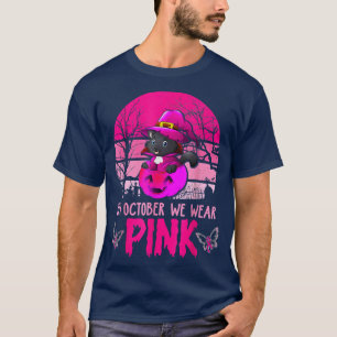 Black Cat Wear Witch Hat And Pumpkin Pink Breast C T-Shirt