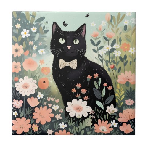 Black cat wearing a bow tie sitting ceramic tile