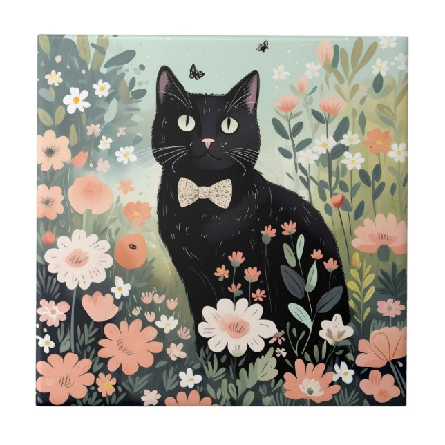 Black cat wearing a bow tie sitting ceramic tile (Front)