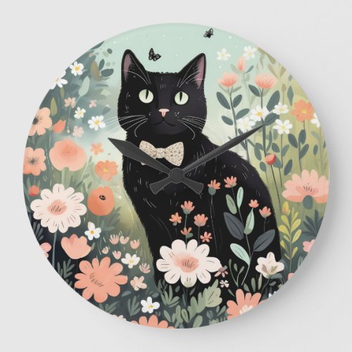 Black cat wearing a bow tie sitting large clock