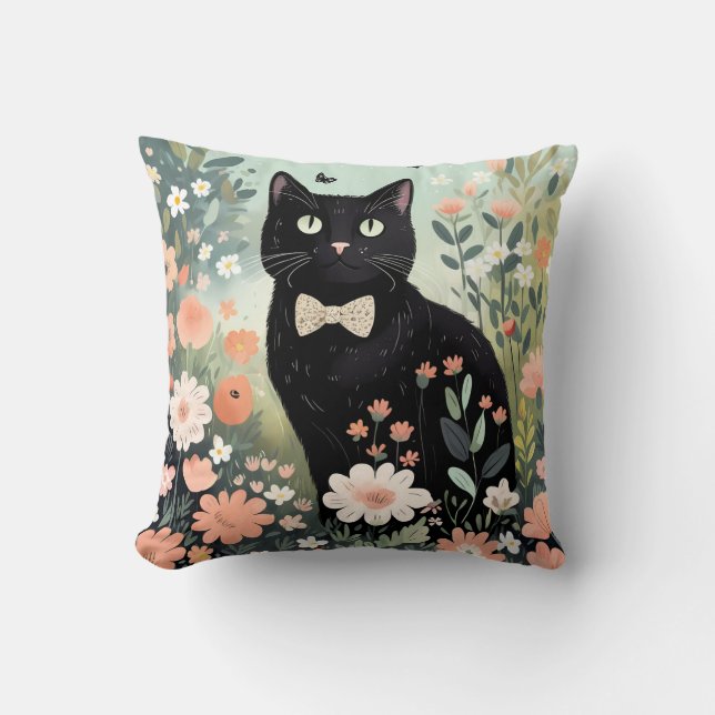 Black cat wearing a bow tie sitting throw pillow (Front)
