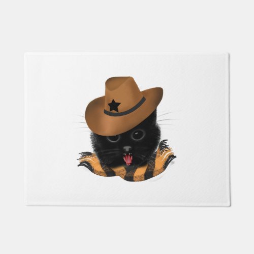 Black cat wearing a cowboy hat Cowboy Doormat