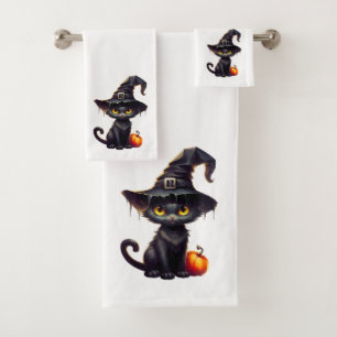Black Cat wearing a Witches Hat Bath Towel Set