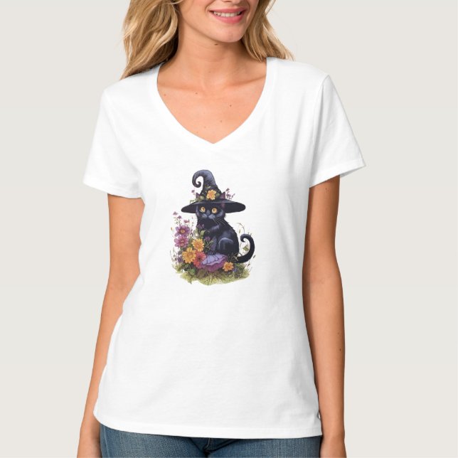 black cat wearing cowboy hat with flowers T-Shirt (Front)