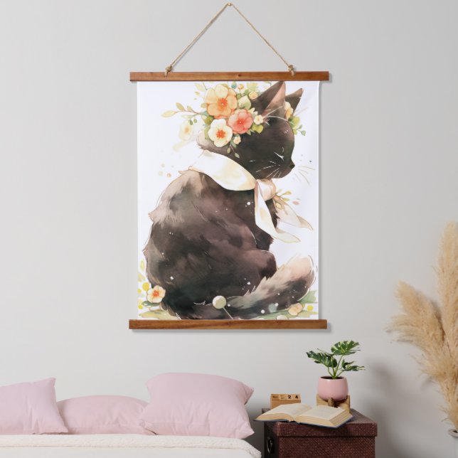 Black Cat Wearing Flower Crown Hanging Tapestry (Bedroom)