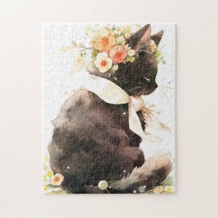Black Cat Wearing Flower Crown Jigsaw Puzzle