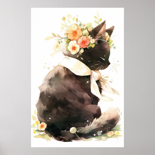 Black Cat Wearing Flower Crown Poster