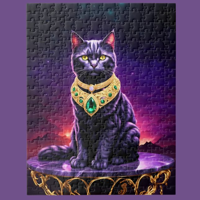 Black Cat Wearing Green Gem In Sunset Jigsaw Puzzle (A fun cat loving puzzle!!)