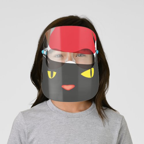 black cat wearing red hat face shields