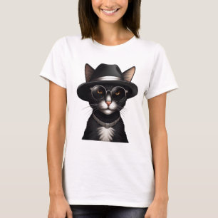 black cat wearing sunglasses and hat, funny cat T-Shirt