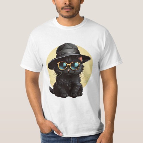 black cat wearing sunglasses and hat funny cat T_Shirt