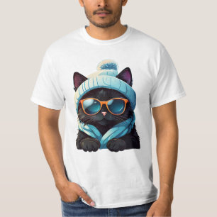 black cat wearing sunglasses and winter hat T-Shirt