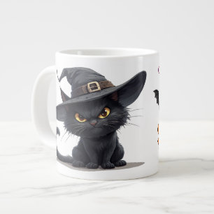 Black Cat Wearing Witch Hat With Halloween Magic Giant Coffee Mug