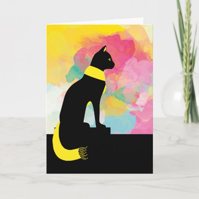 Black Cat Wearing Yellow Scarf, Colorful Wall Card (Front)