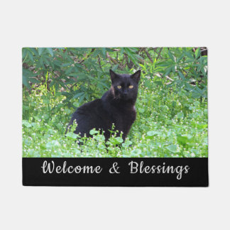 Black Cat Welcome and Blessings Doormat