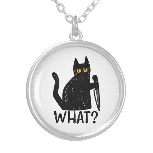 Black Cat What Knife Funny Murderous Halloween Pet Silver Plated Necklace
