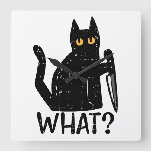 Black Cat What Knife Funny Murderous Halloween Pet Square Wall Clock