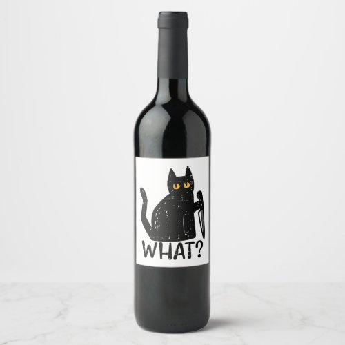 Black Cat What Knife Funny Murderous Halloween Pet Wine Label