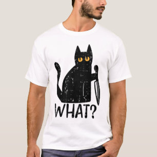 Black Cat What Knife Funny Murderous Halloween T-Shirt