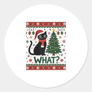Black Cat What Pushing Christmas Tree Funny Cat Xm Classic Round Sticker