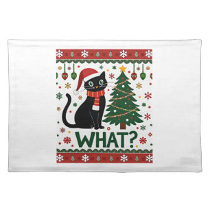 Black Cat What Pushing Christmas Tree Funny Cat Xm Cloth Placemat