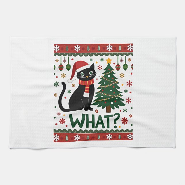 Black Cat What Pushing Christmas Tree Funny Cat Xm Kitchen Towel (Horizontal)