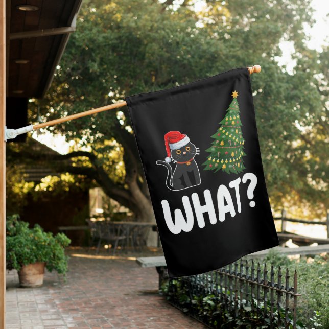 Black Cat What Pushing Christmas Tree Funny House Flag (In SItu)