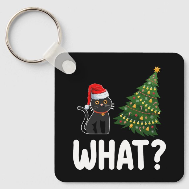 Black Cat What Pushing Christmas Tree Funny Keychain (Front)