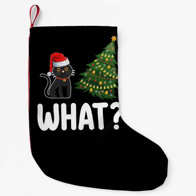 Black Cat What Pushing Christmas Tree Funny Small Christmas Stocking (Front)