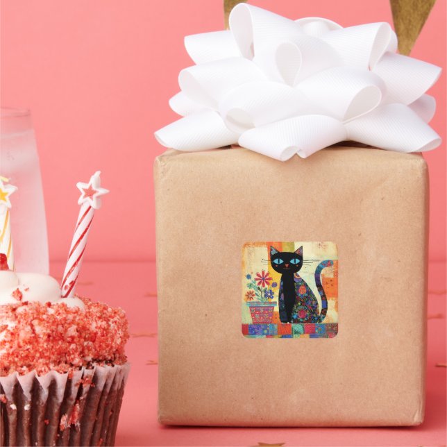 Black Cat Whimsical Artwork Square Sticker (Party)