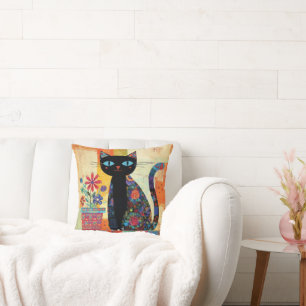 Black Cat Whimsical Artwork Throw Pillow