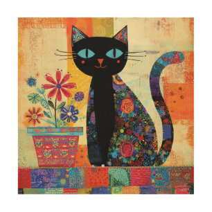 Black Cat Whimsical Artwork Wood Wall Art