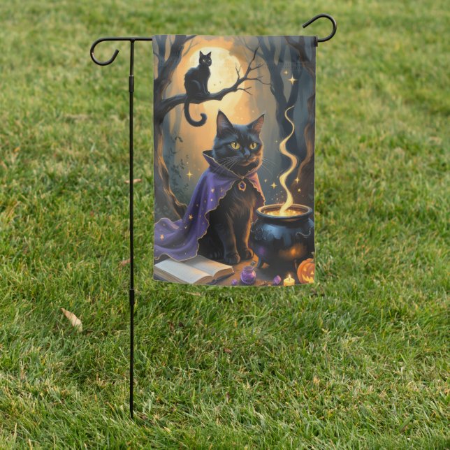 Black Cat Whimsical Halloween Painting Garden Flag (In SItu)