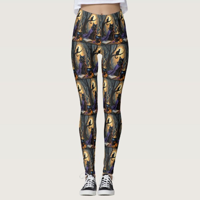Black Cat Whimsical Halloween Painting Leggings (Front)
